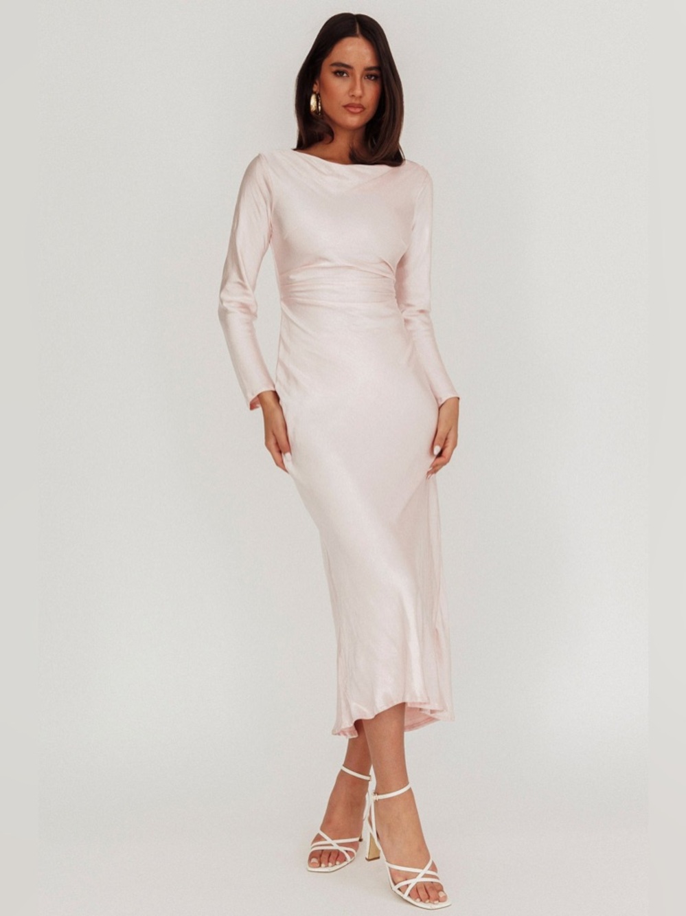 Selfie Leslie Baby Pink Satin Long Sleeve Loveland Cowl Back Midi Dress Large